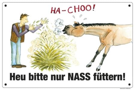 Comic Schild Pferd Heu bitte nass füttern