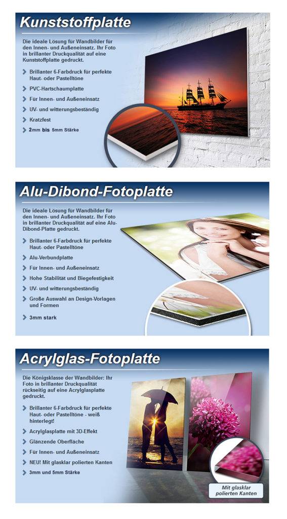 Materialienauswahl Kunststoff Forex AluDibond und Acrylglas
