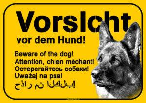 Hundeschild | Vorsicht vor dem Hund mehrsprachig gelb