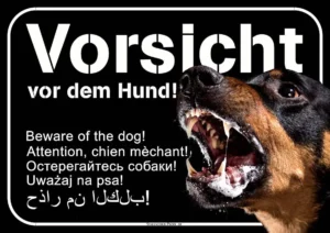 Ein Hund mit offenem Maul und den Worten Hundeschild | Vorsicht vor dem Hund – mehrsprachig – schwarz.