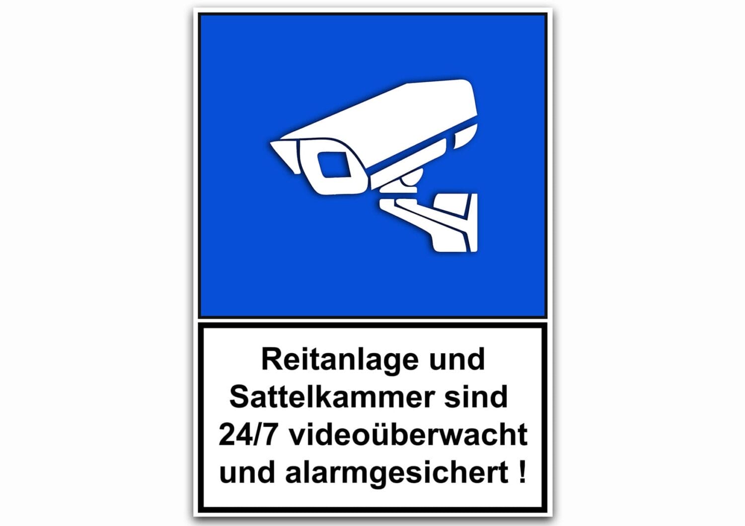 Reitanlage videoüberwacht - Ein Schild mit blauem Hintergrund und einem Stallschild „Videoüberwacht“ (Kopie) darauf.