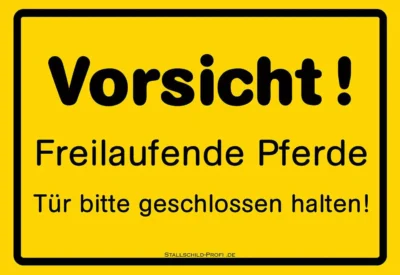 Ein gelbes Schild mit schwarzem Hintergrund und der Aufschrift Weideschild Pferd „Vorsicht freilaufende Pferde“.