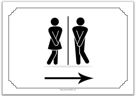 Ein schwarz-weißes Turnier | WC-Schild rechts mit einem Mann und einer Frau, die nebeneinander stehen.