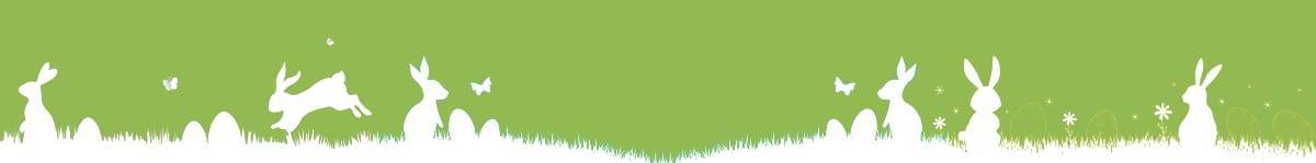 Eine durchgehende, stilisierte Bordüre mit weißen Silhouetten von Kaninchen und Gras auf einem grünen Hintergrund mit Farbverlauf.