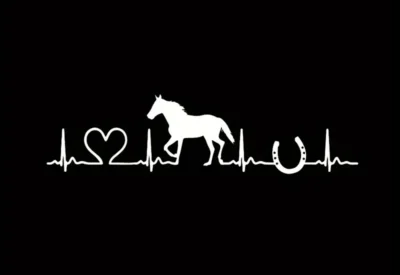 Weißer Aufkleber Pferd mit Herzschlagmuster, integriert in eine Elektrokardiogrammlinie, mit einer Herzform und einem Hufeisen vor einem schwarzen Hintergrund.