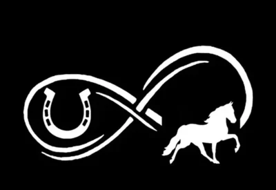Autoaufkleber Pferd und Hufeisen mit einem in das Design integrierten Hufeisen und einer galoppierenden Pferdesilhouette vor einem schwarzen Hintergrund.