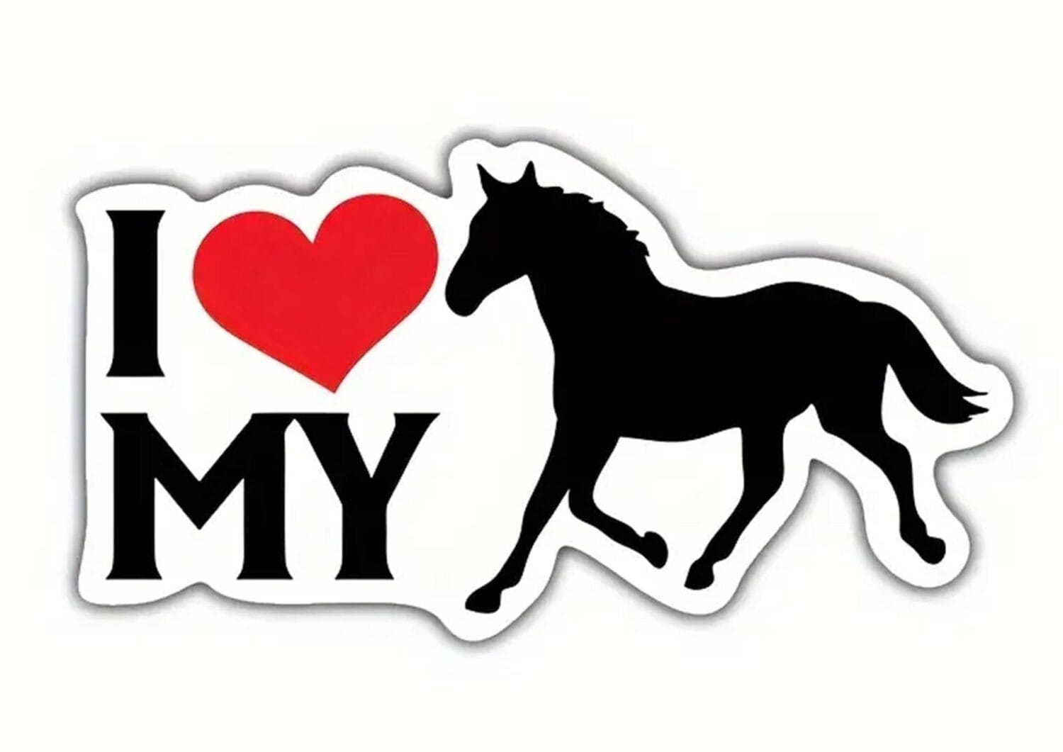 Aufkleber I love my Horse - weißer Aufkleber mit schwarzem Text, rotem Herz und schwarzem Pferd