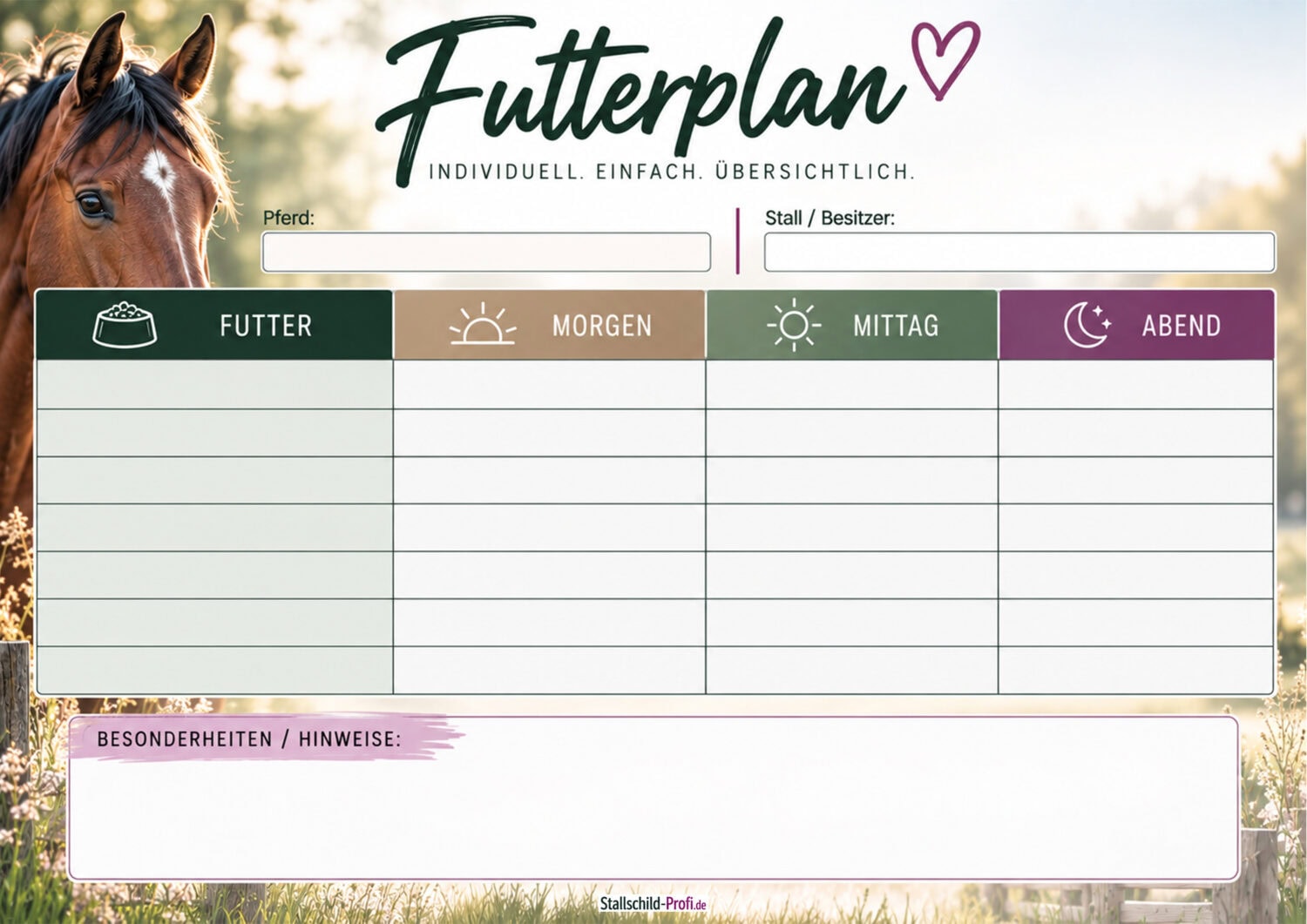 Futterplan für Pferde - individuell, einfach, übersichtlich