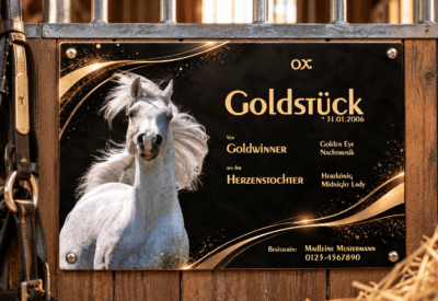 Boxenschild mit Foto „Goldstück“ an einer Pferdebox